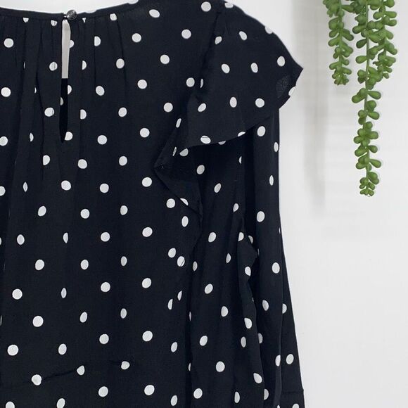New Gap Ruffle Shoulder Long Sleeve Polka Dot‎ Blouse Rayon Black White S - Picture 12 of 16